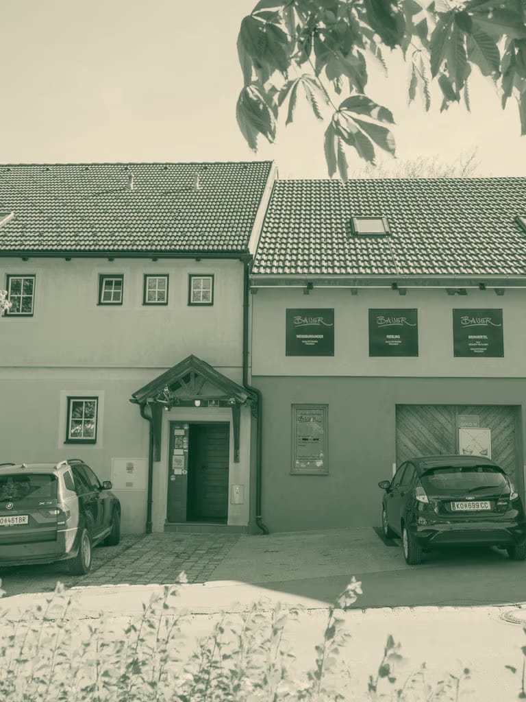 Das gelbe Wirtshaus in der Rohrbacher Straße mit den Weinschildern über der Einfahrt